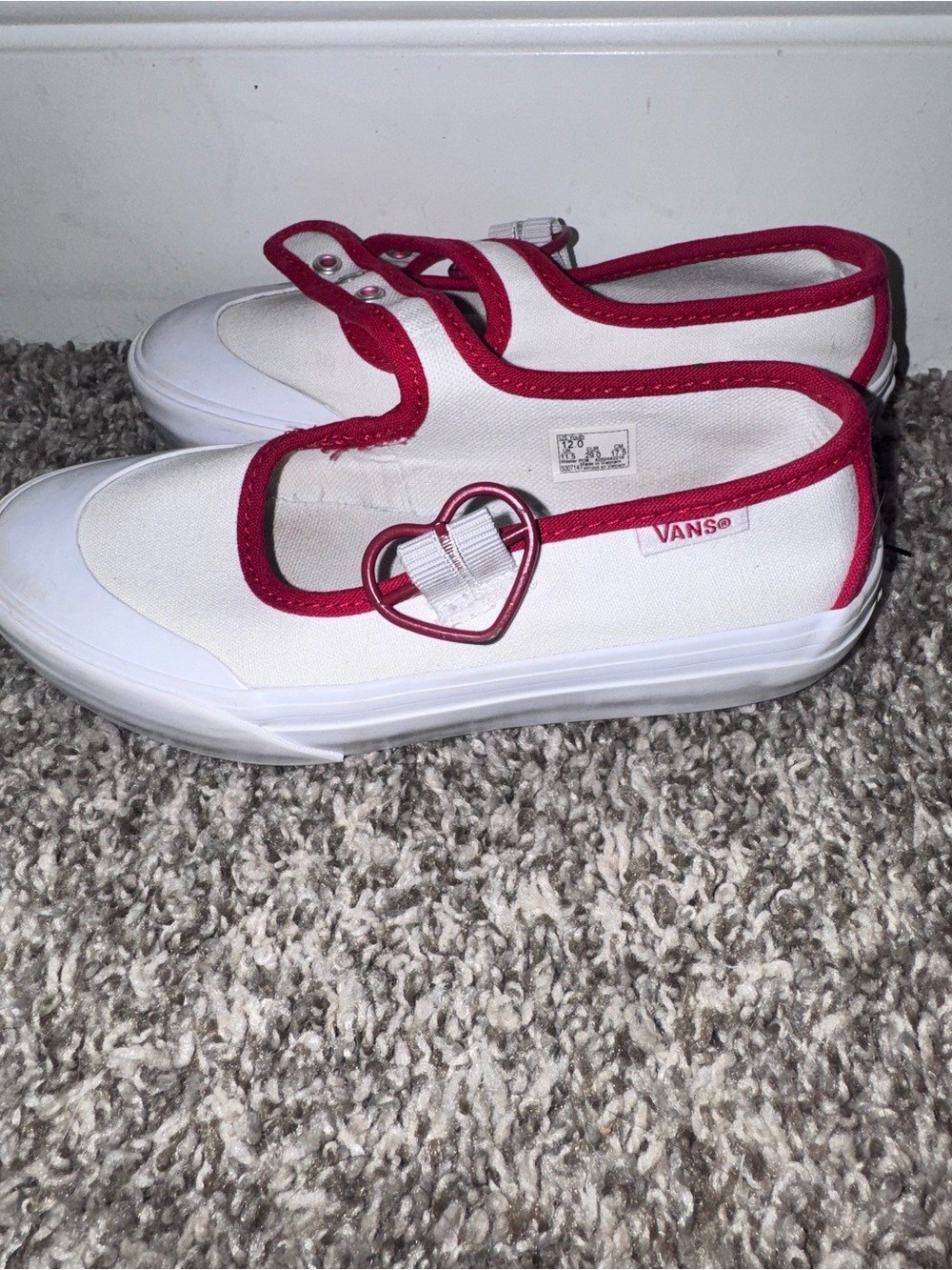 Vans White Canvas Mary Janes with Red Trim and Heart Buckle
